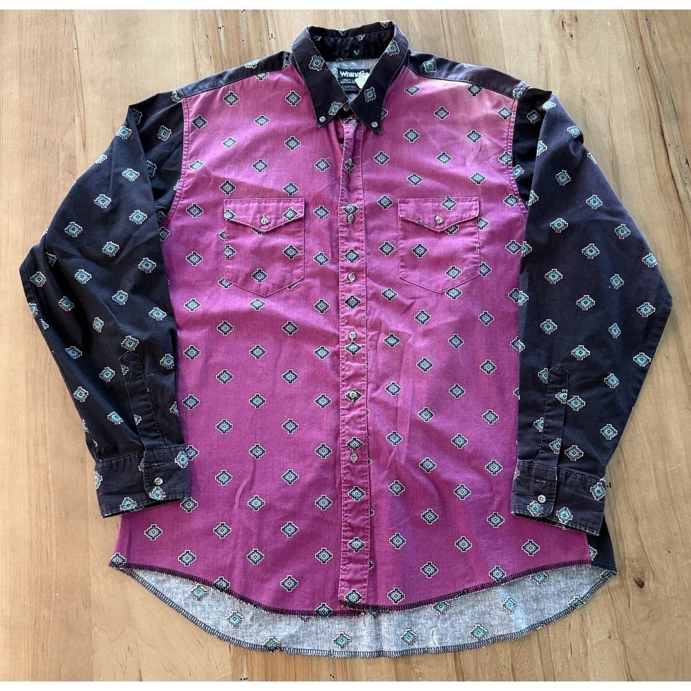 Vtg Wrangler Mens Cowboy Cut Pink Black Aztec Print Shirt X-Long Tails 17-1/2x35